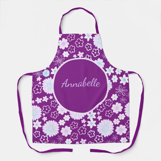 Bold Purple Flowers Girly Floral Pattern Named Apron (Front)