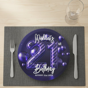 Bold Purple Glitter Striped 21st Birthday Paper Plate