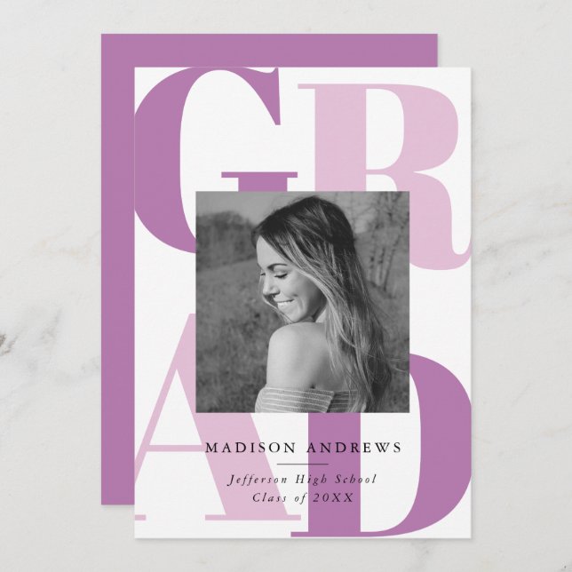 Bold Purple Grad Typography Photo Graduation Party Invitation (Front/Back)