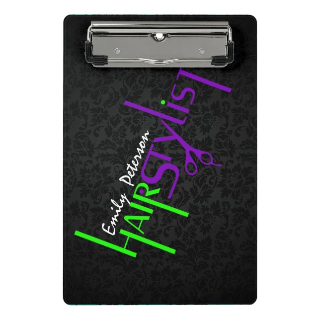 Bold Purple Green And Black Hair Stylist Text Mini Clipboard (Front)