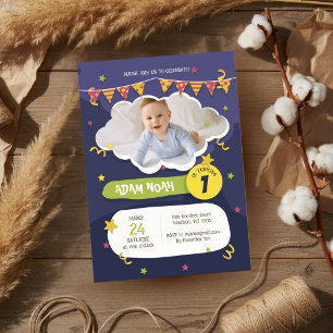 Bold Purple Green Confetti 1st Birthday Photo  Invitation