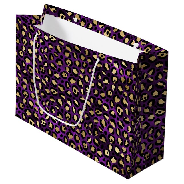 Bold Purple Leopard Print | Glam Animal Pattern Large Gift Bag (Front Angled)