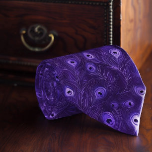 Bold Purple Necktie With Stylised Peacock Feathers