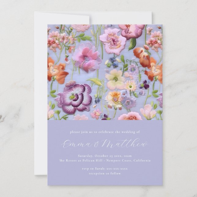 Bold Purple & Orange Botanical Embroidery Wedding Invitation (Front)