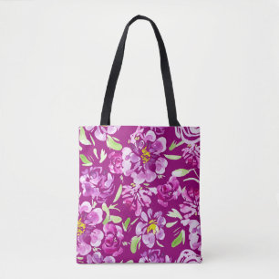 Bold Purple Watercolor Flower Pattern Tote Bag