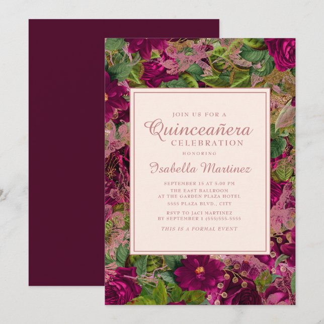 Bold Purple Wine Lacy Pink Floral Quinceañera Invitation (Front/Back)