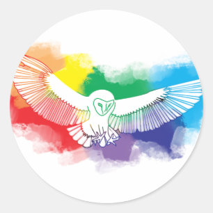 Bold Rainbow Flying Owl Watercolor Digital Paint Classic Round Sticker