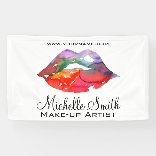 Bold Rainbow Lips Watercolor Drawing Beauty Makeup Banner (Horizontal)