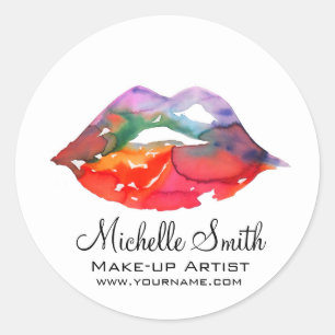 Bold Rainbow Lips Watercolor Drawing Beauty Makeup Classic Round Sticker