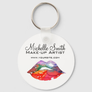 Bold Rainbow Lips Watercolor Drawing Beauty Makeup Key Ring