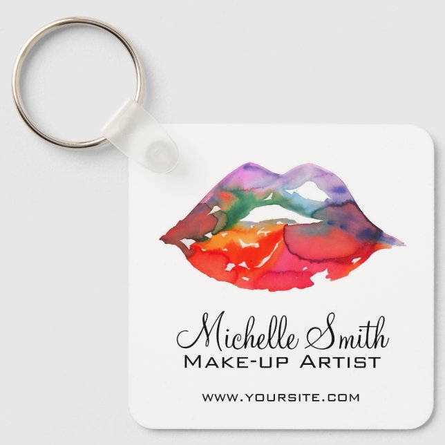 Bold Rainbow Lips Watercolor Drawing Makeup QR Key Ring (Front)