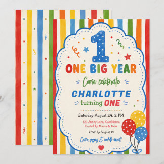 Bold Rainbow One Big Year 1st Birthday party Invitation