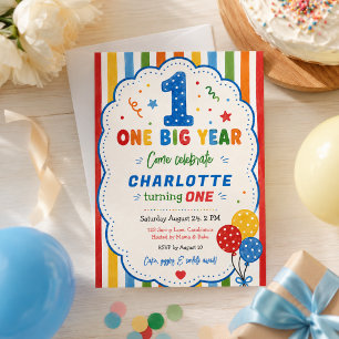 Bold Rainbow One Big Year 1st Birthday party Invitation