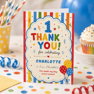 Bold Rainbow One Big Year 1st Birthday party Thank You Card