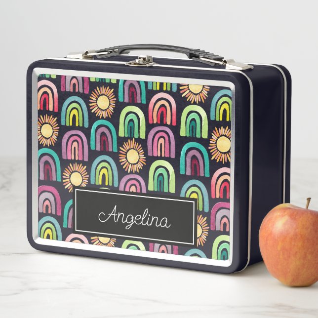 Bold Rainbows & Suns Pattern Kids Back to School Metal Lunch Box (In Situ)