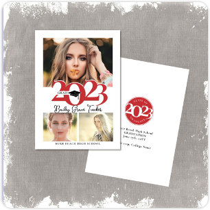 Bold Red 2023 GRAD Cap 3-Photo Collage Graduation Announcement
