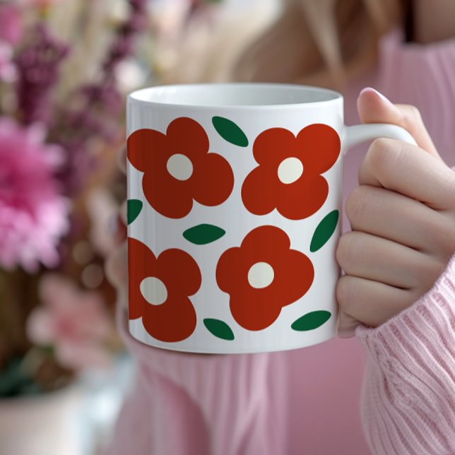 Bold Red Abstract Retro Flower Pattern Coffee Mug (cute bold red abstract flower coffee mug)