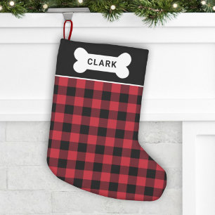 Bold Red and Black Buffalo Plaid Dog Bone Name Small Christmas Stocking