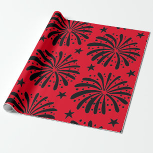 Bold Red and Black Floral Stars Christmas Wrapping Paper