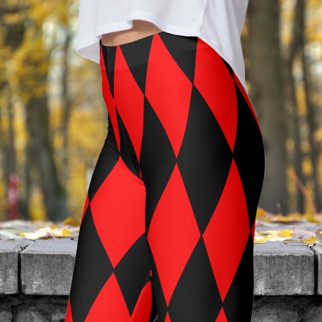 Bold Red and Black Harlequin Check Pattern Leggings (Harlequin Red & Black)