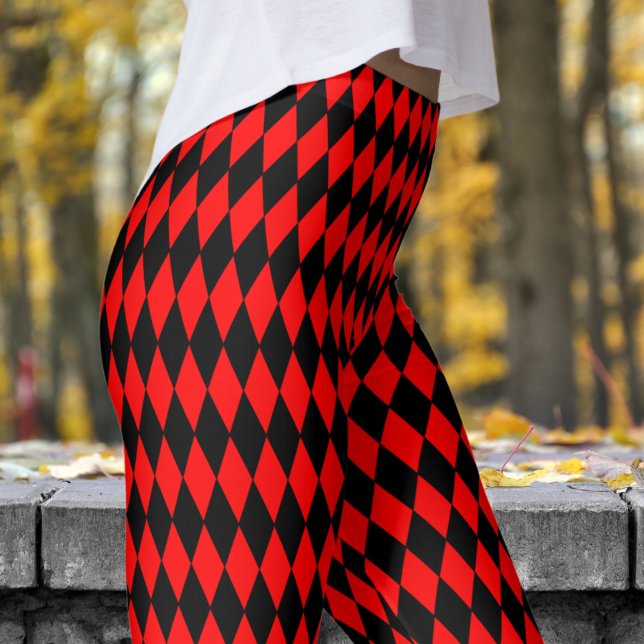 Bold Red and Black Harlequin Check Pattern Leggings (Harlequin Red & Black)