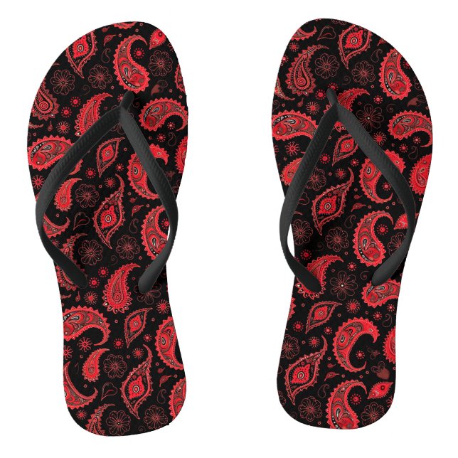 Bold Red and Black Paisley Pattern Flip Flops (Footbed)