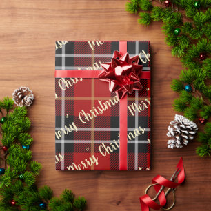 Bold Red and Black Plaid Pattern Merry Christmas Wrapping Paper