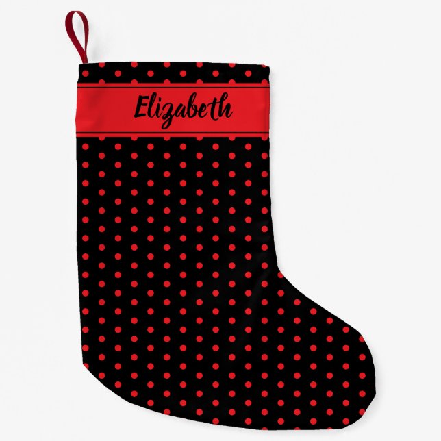 Bold Red and Black Polka Dots Personalised Custom Small Christmas Stocking (Front)