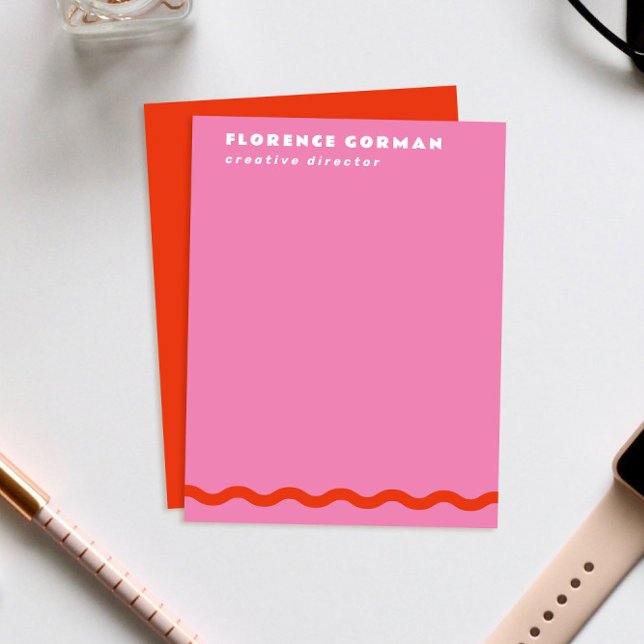 Bold Red and Candy Pink Wavy Frame Personal Thank You Card (hot fuchsia pink personal stationery note cards with wavy red line)