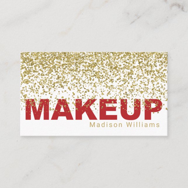 Bold Red and Gold Glitter Makeup Business Card (Front)
