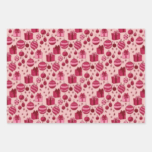 Bold Red and Pink Christmas Oranments and Gift Wrapping Paper Sheet