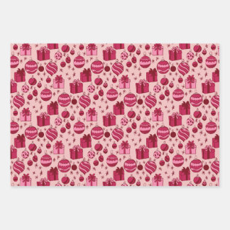 Bold Red and Pink Christmas Oranments and Gift Wrapping Paper Sheet