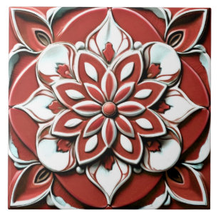 Bold Red and White Faux Relief Floral Flower Tile