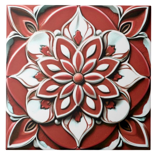 Bold Red and White Faux Relief Floral Flower Tile (Front)