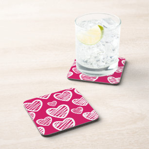 Bold Red and White Scribble Heart Pattern  Coaster