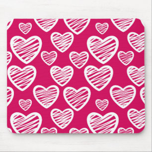 Bold Red and White Scribble Heart Pattern  Mouse Mat