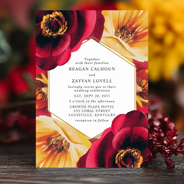 Bold Red and Yellow Floral Geometric Wedding  Invitation (Creator Uploaded)
