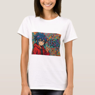 Bold Red Anime USA Graphic T-Shirt