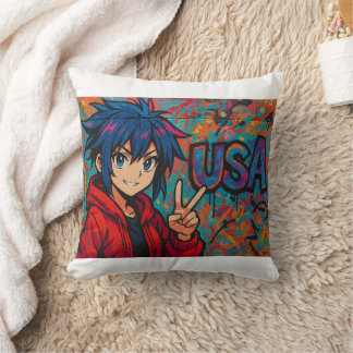 Bold Red Anime USA Graphic T-Shirt Cushion