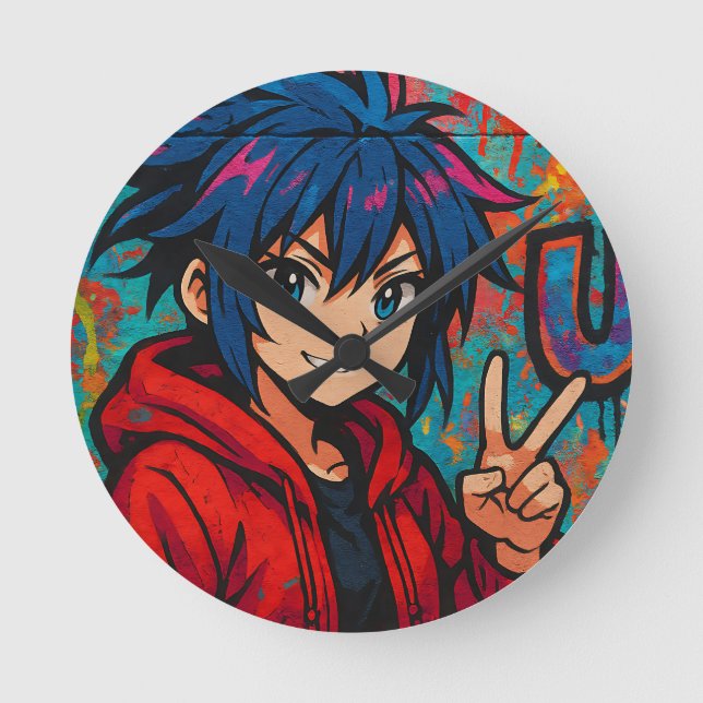 Bold Red Anime USA Graphic T-Shirt Round Clock (Front)