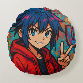 Bold Red Anime USA Graphic T-Shirt Round Cushion