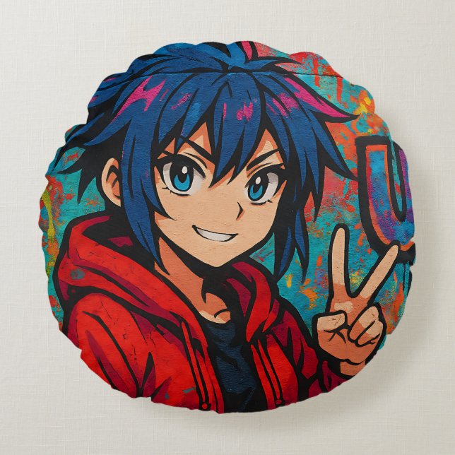 Bold Red Anime USA Graphic T-Shirt Round Cushion (Front)