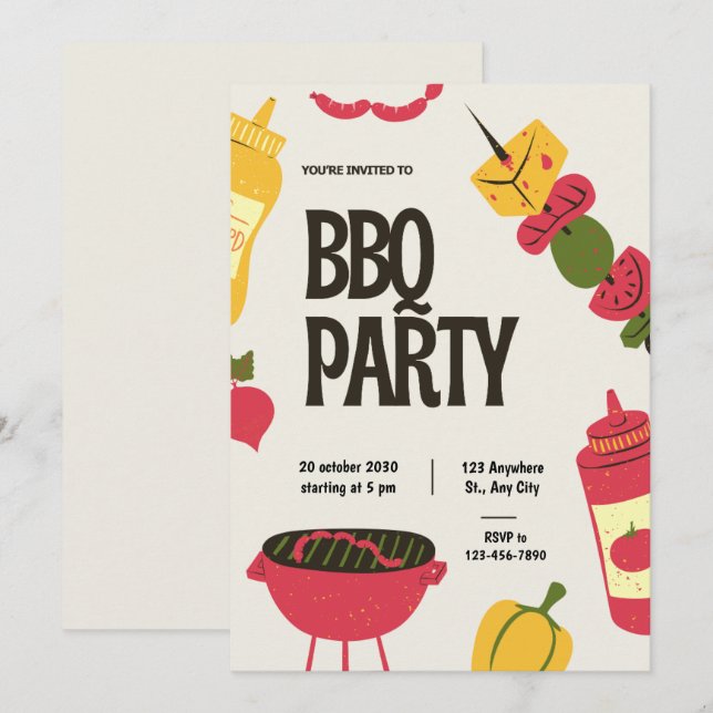 Bold Red & Black BBQ Party Invitation | Illustrate (Front/Back)