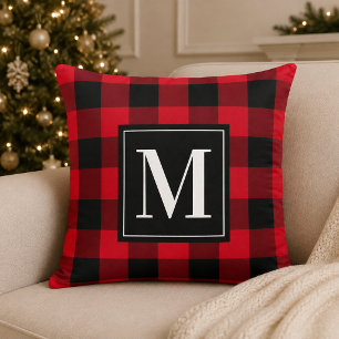 Bold Red Black Buffalo Plaid Monogram Christmas Cushion