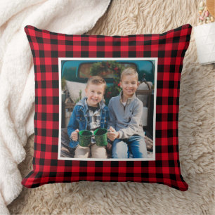 Bold Red Black Buffalo Plaid Photo Christmas Cushion