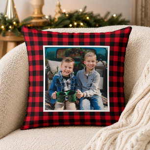Bold Red Black Buffalo Plaid Photo Christmas Cushion