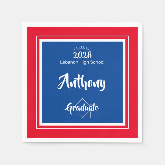 Bold Red Blue School Colours Script Graduation Napkin (Front)