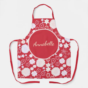 Bold Red Cream Flowers Floral Pattern Named  Apron