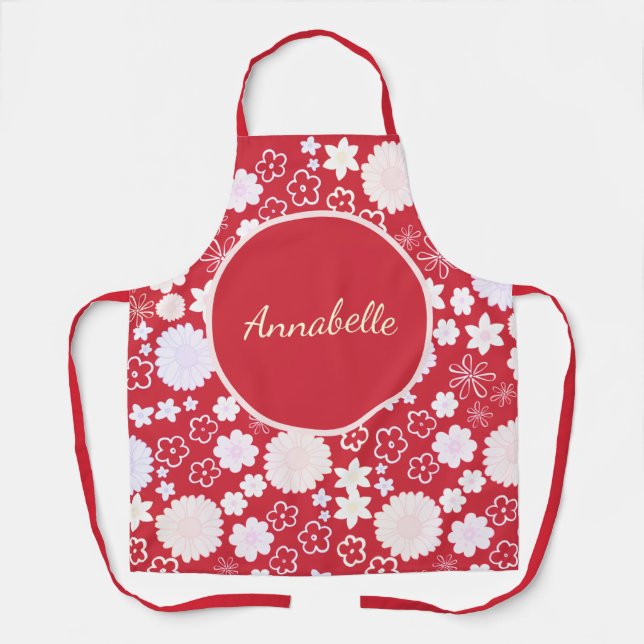 Bold Red Cream Flowers Floral Pattern Named  Apron (Front)