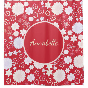 Bold Red Cream Flowers Floral Pattern Named Shower Curtain